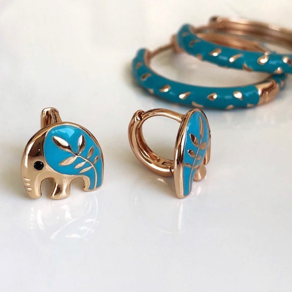 LAST ONE Elephant Hoop Earrings 18k Gold Plated Enameled Luxury Jewelry - Picture 3 of 10